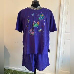 Women’s Purple 2 Piece Set with Colorful Embroidery Tshirt and Shorts size L
